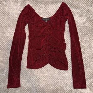 Cinched Maroon Sparkly Long Sleeve Top